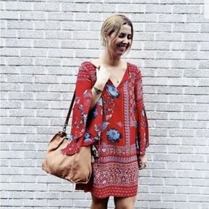 Anthropologie Vanessa Virginia red floral silk bell sleeve dress 12 petite